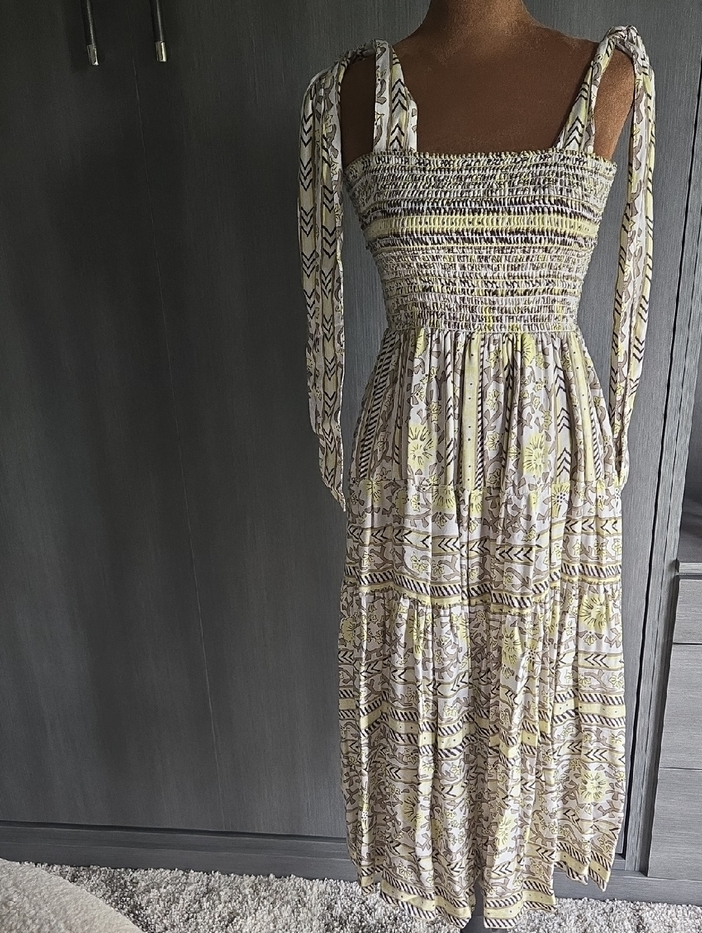 Tiered Smocked Maxi Dress in Pale Yellow Floral